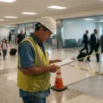 construction worker in hard hat reviewing clipboard near caution tape and traffic cone in airport terminal
