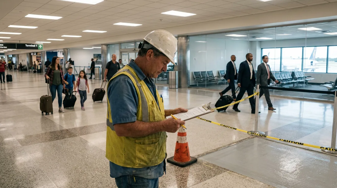 construction worker in hard hat reviewing clipboard near caution tape and traffic cone in airport terminal