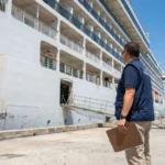 port official holding clipboard inspecting large cruise ship docked at port