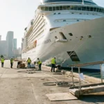 Ocean Explorer cruise ship docked at port with workers in safety vests on pier