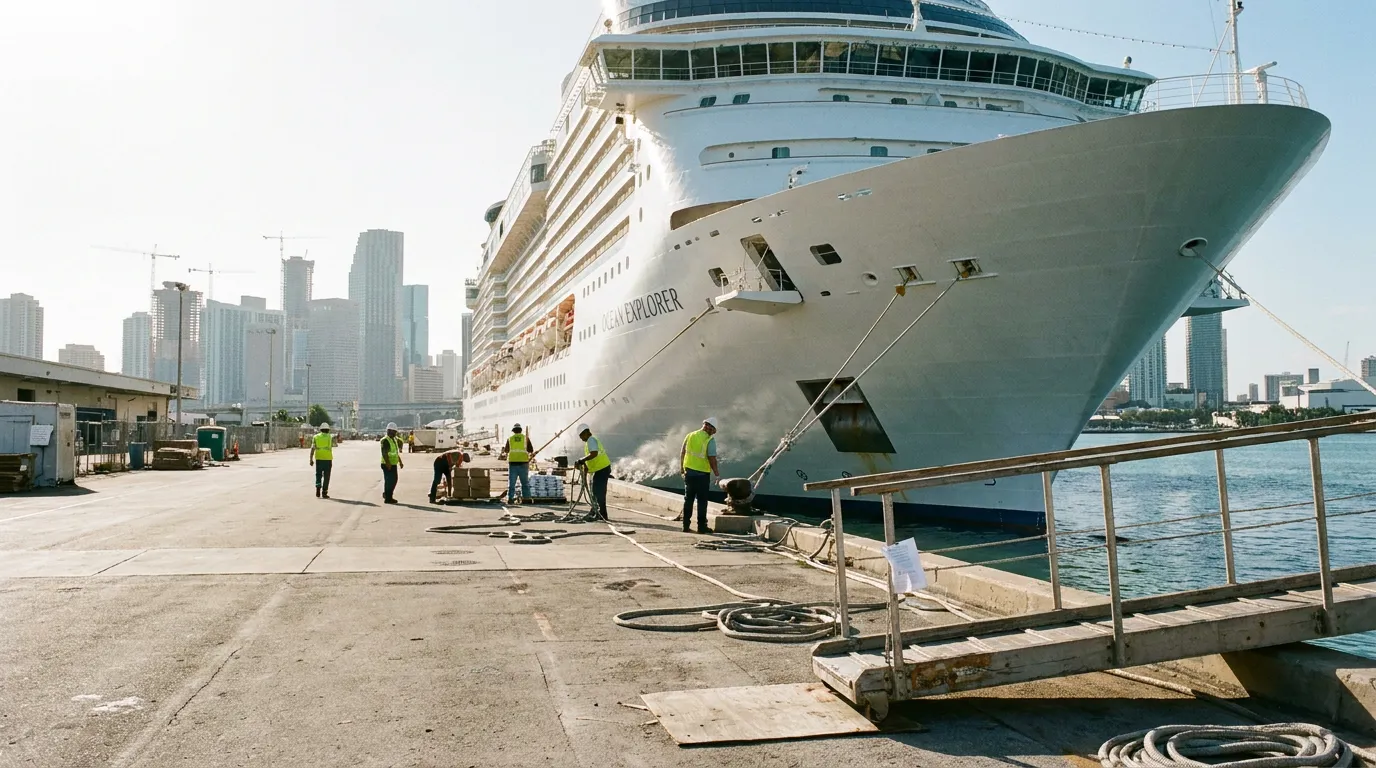 Ocean Explorer cruise ship docked at port with workers in safety vests on pier