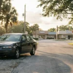 sedan with visible front-end collision damage parked near roadside commercial buildings
