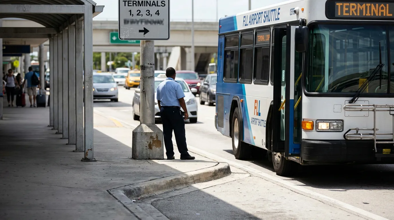 FLL Airport Shuttle bus stopped at terminal curb near uniformed worker