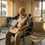 man seated in waiting room reading printed legal document on lap