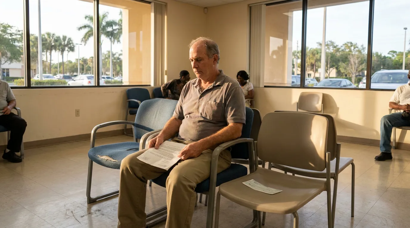 man seated in waiting room reading printed legal document on lap