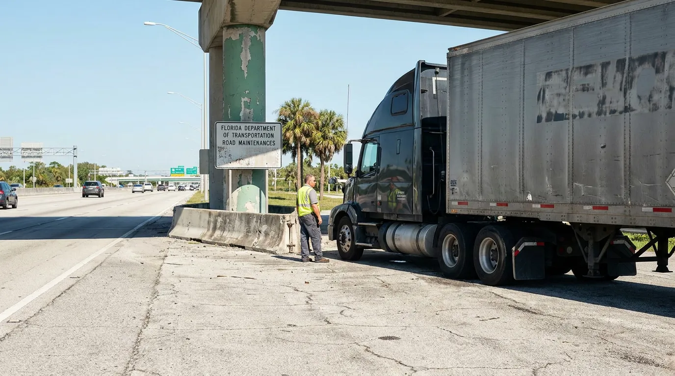 worker in safety vest inspecting semi-truck stopped under Florida highway overpass