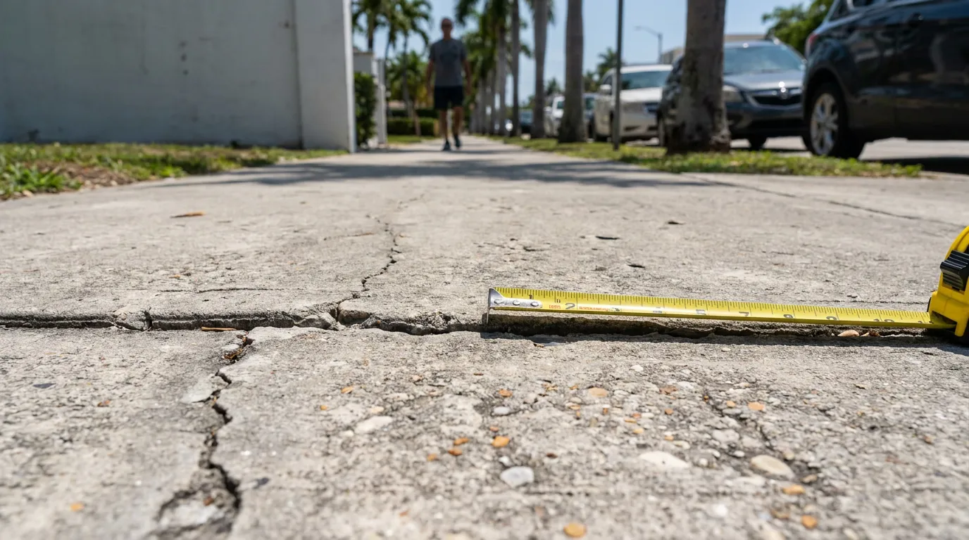 tape measure placed across cracked raised sidewalk with pedestrian approaching in background
