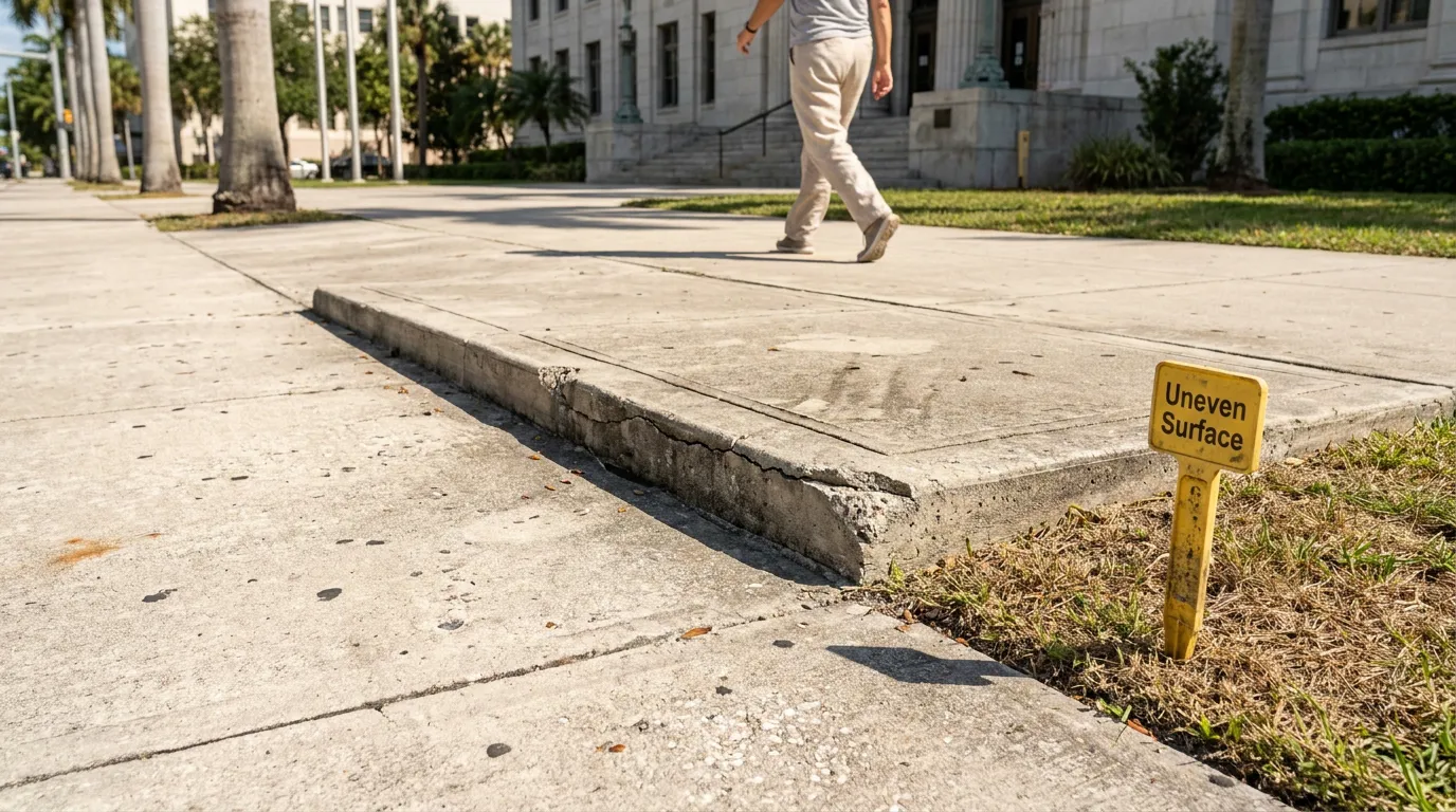 cracked raised sidewalk edge with Uneven Surface warning sign and pedestrian walking nearby