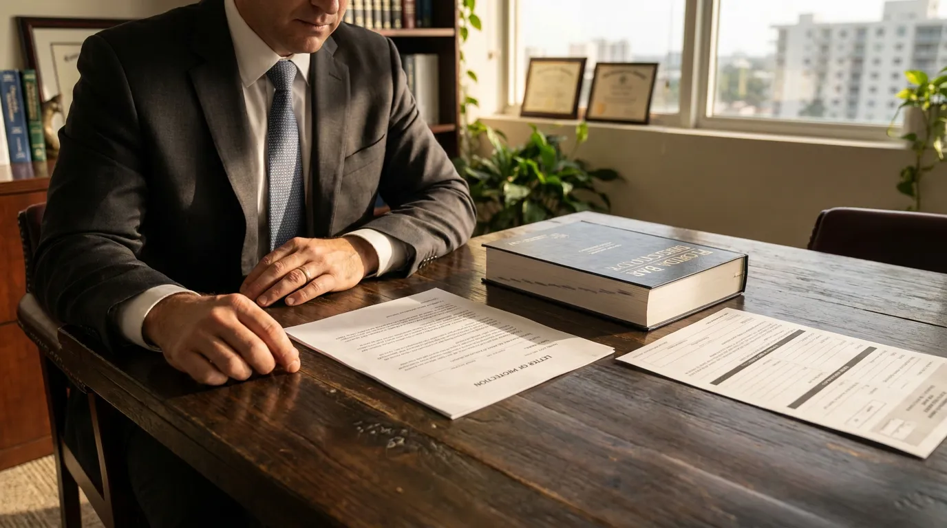 attorney seated at desk with Letter of Protection document and Florida Bar Directory