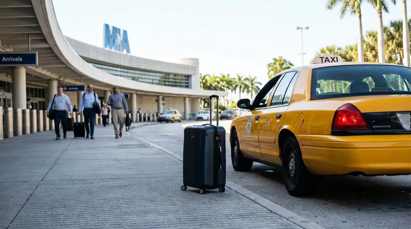 taxi cab parked at MIA Miami International Airport arrivals curb with luggage