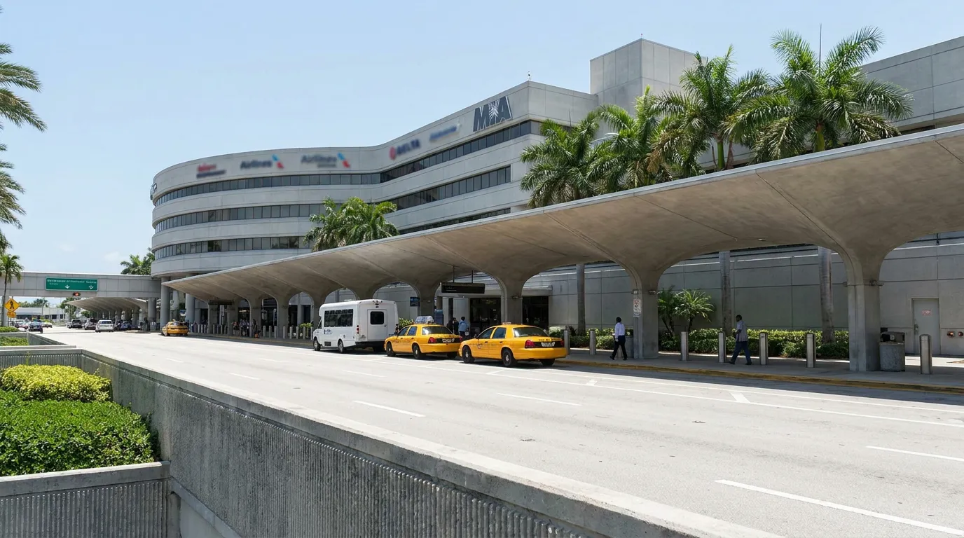 Miami International Airport terminal exterior with taxis and shuttle van at curbside