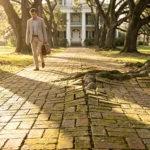 suited attorney carrying briefcase walking brick path with tree root hazard