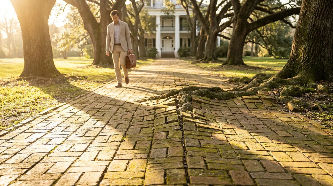 suited attorney carrying briefcase walking brick path with tree root hazard