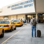 traveler with luggage and backpack standing outside Fort Lauderdale-Hollywood International Airport taxi lane