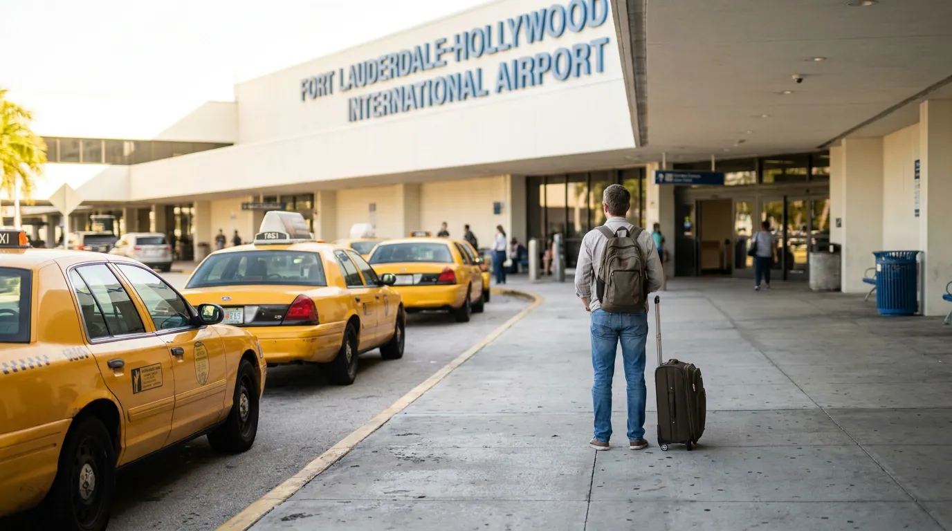 traveler with luggage and backpack standing outside Fort Lauderdale-Hollywood International Airport taxi lane