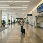 traveler with rolling suitcase standing in airport terminal near check-in counters