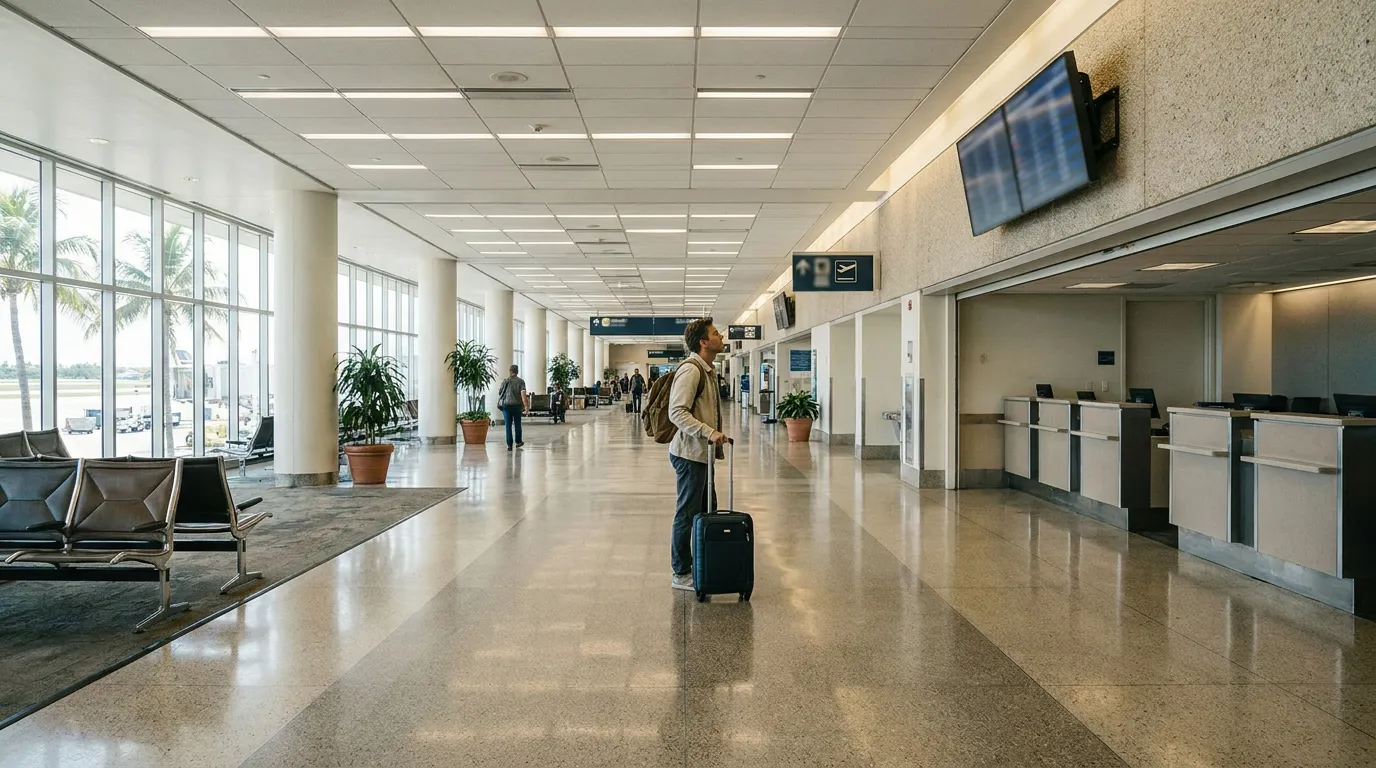 traveler with rolling suitcase standing in airport terminal near check-in counters