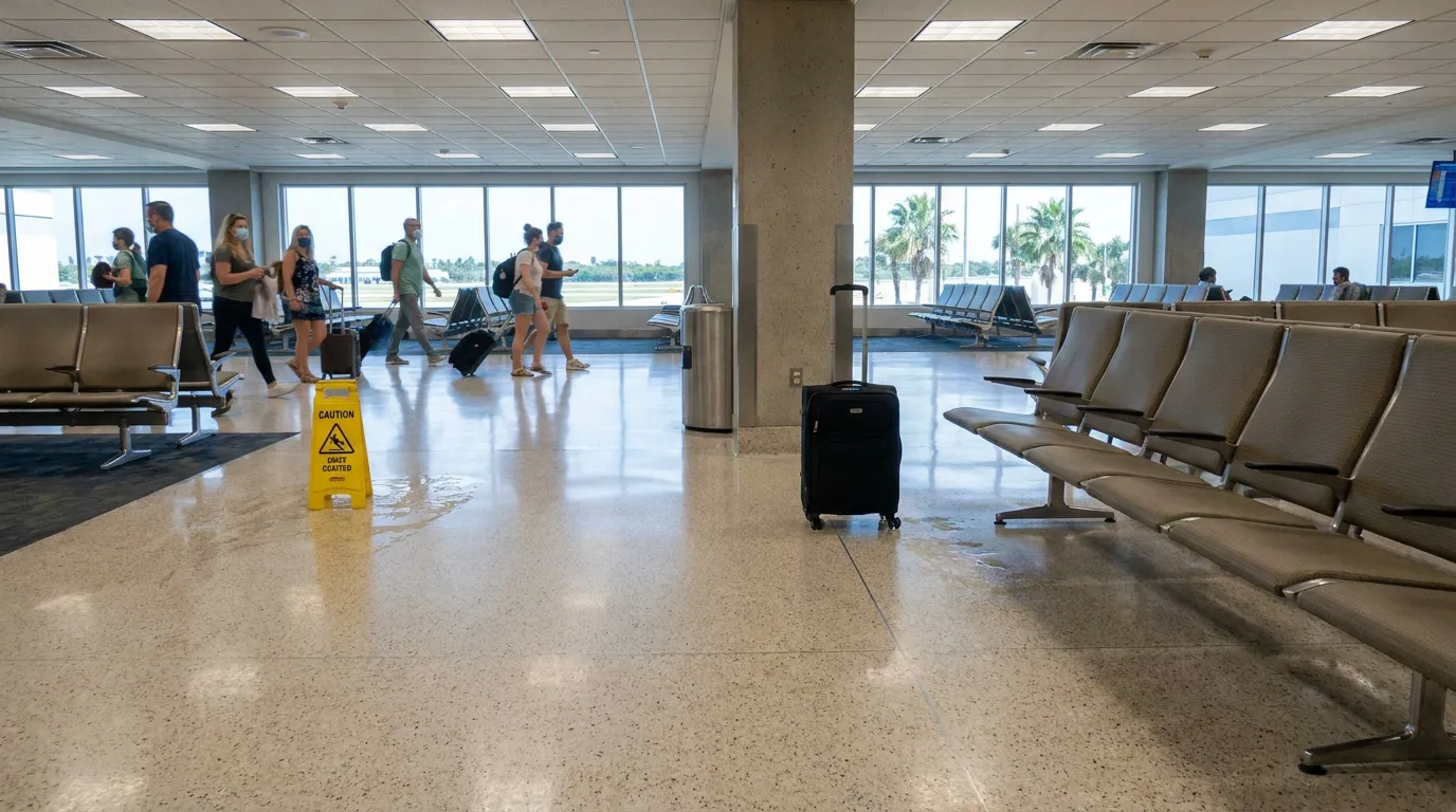caution wet floor sign beside suitcase in airport terminal with travelers walking