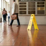 caution wet floor sign on tile floor inside municipal building lobby