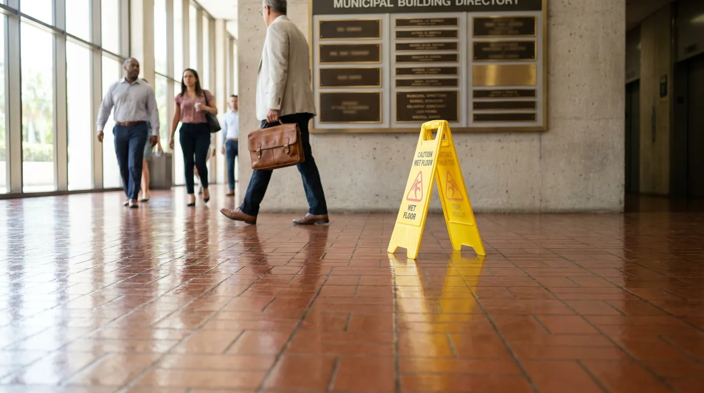 caution wet floor sign on tile floor inside municipal building lobby