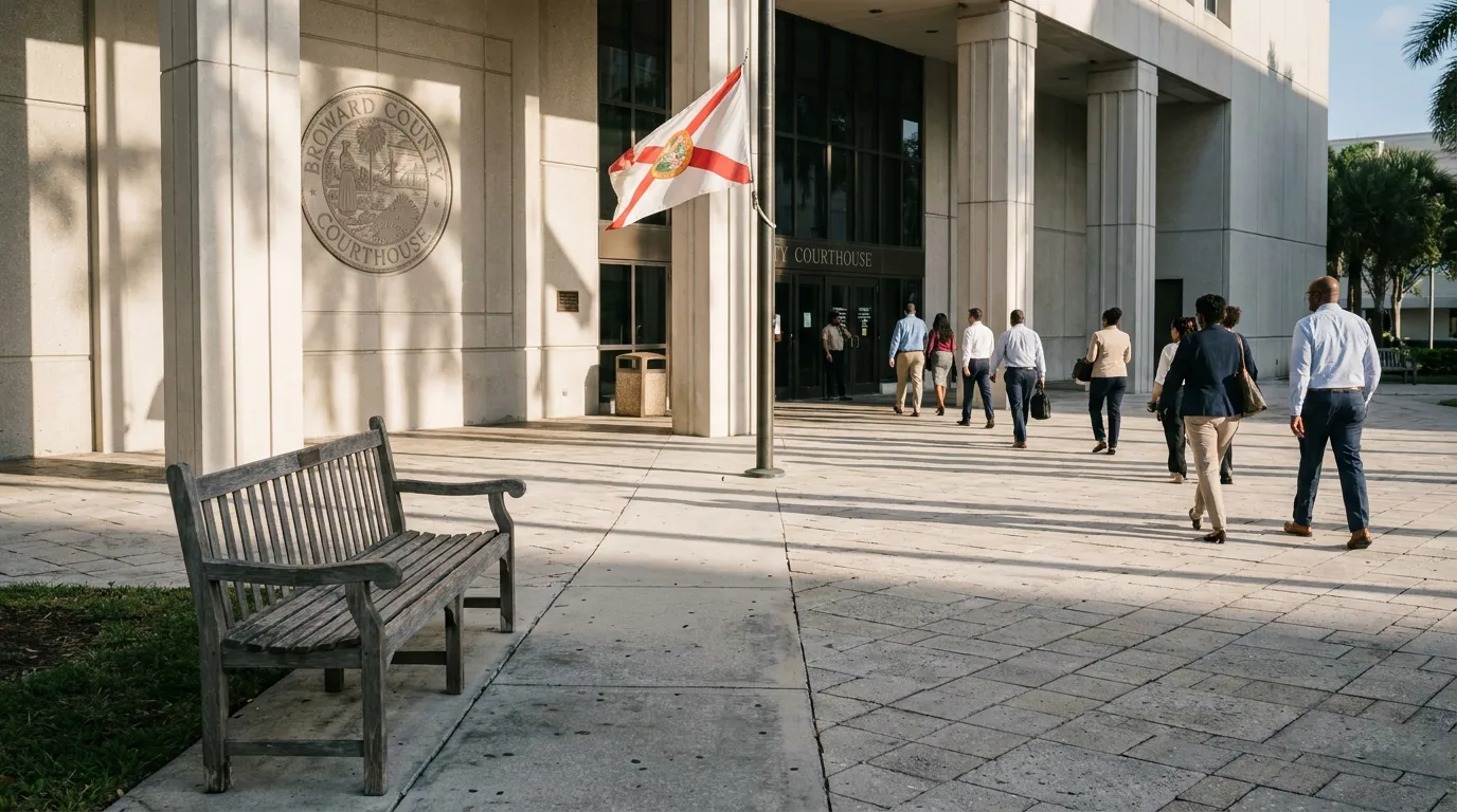 professionals walking toward Broward County Courthouse entrance beneath Florida state flag