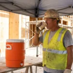 construction worker in hard hat drinking from cup beside water cooler on job site