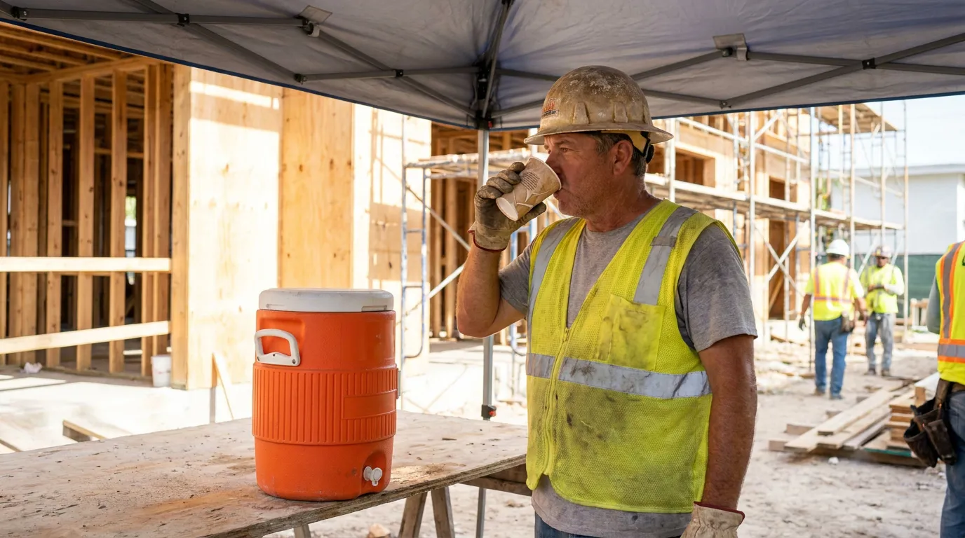 construction worker in hard hat drinking from cup beside water cooler on job site