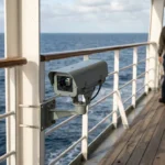 security camera mounted on cruise ship deck railing with man walking nearby