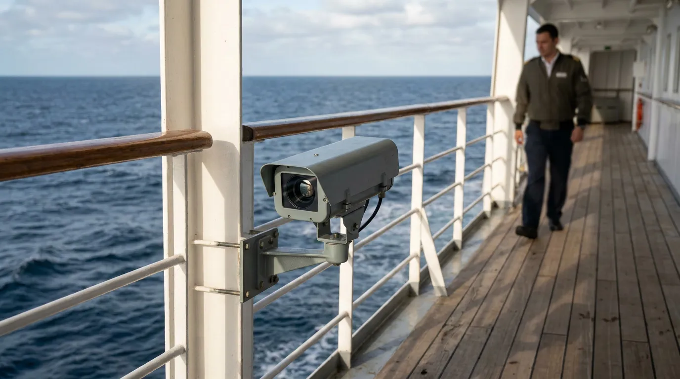 security camera mounted on cruise ship deck railing with man walking nearby