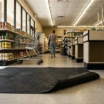 curled rubber floor mat near grocery store entrance creating trip hazard