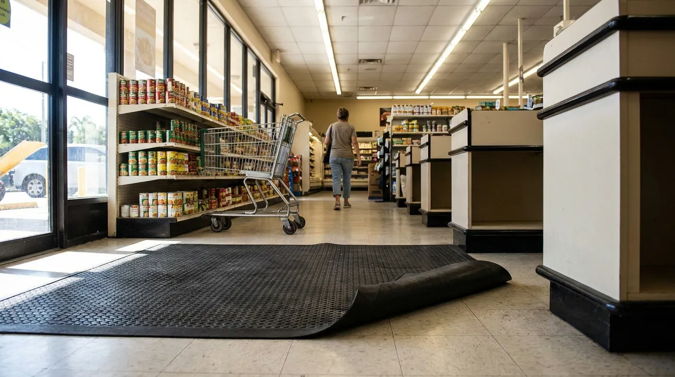 curled rubber floor mat near grocery store entrance creating trip hazard