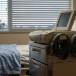 hospital room with patient bed, cardiac monitor, and medical equipment beside window