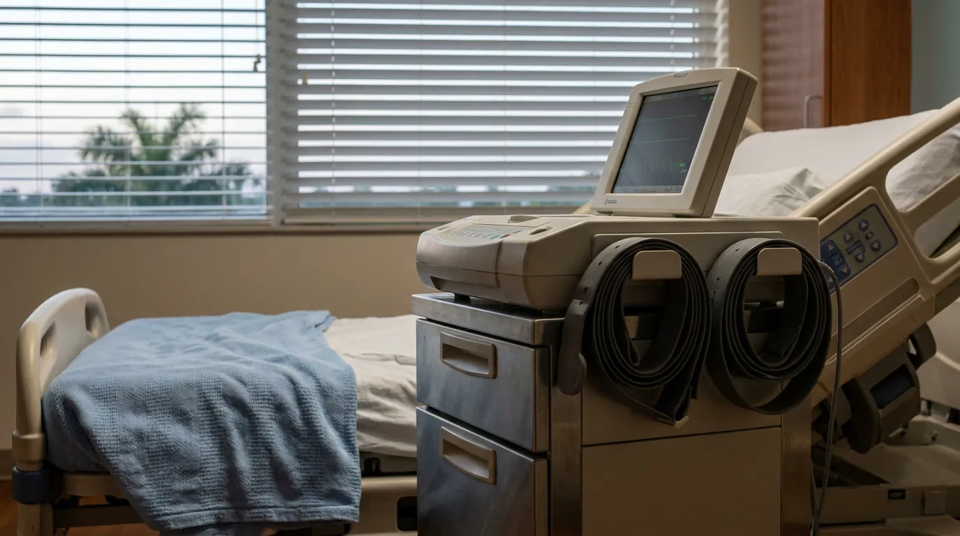 hospital room with patient bed, cardiac monitor, and medical equipment beside window