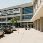 Fort Lauderdale-Hollywood International Airport exterior with travelers pulling luggage toward entrance