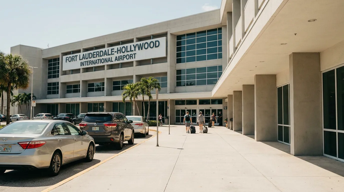 Fort Lauderdale-Hollywood International Airport exterior with travelers pulling luggage toward entrance