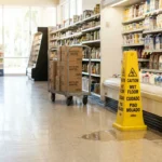 Caution wet floor sign beside liquid spill in grocery store aisle