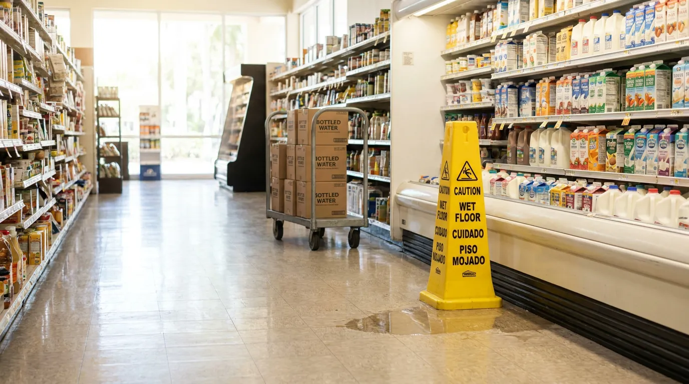 Caution wet floor sign beside liquid spill in grocery store aisle