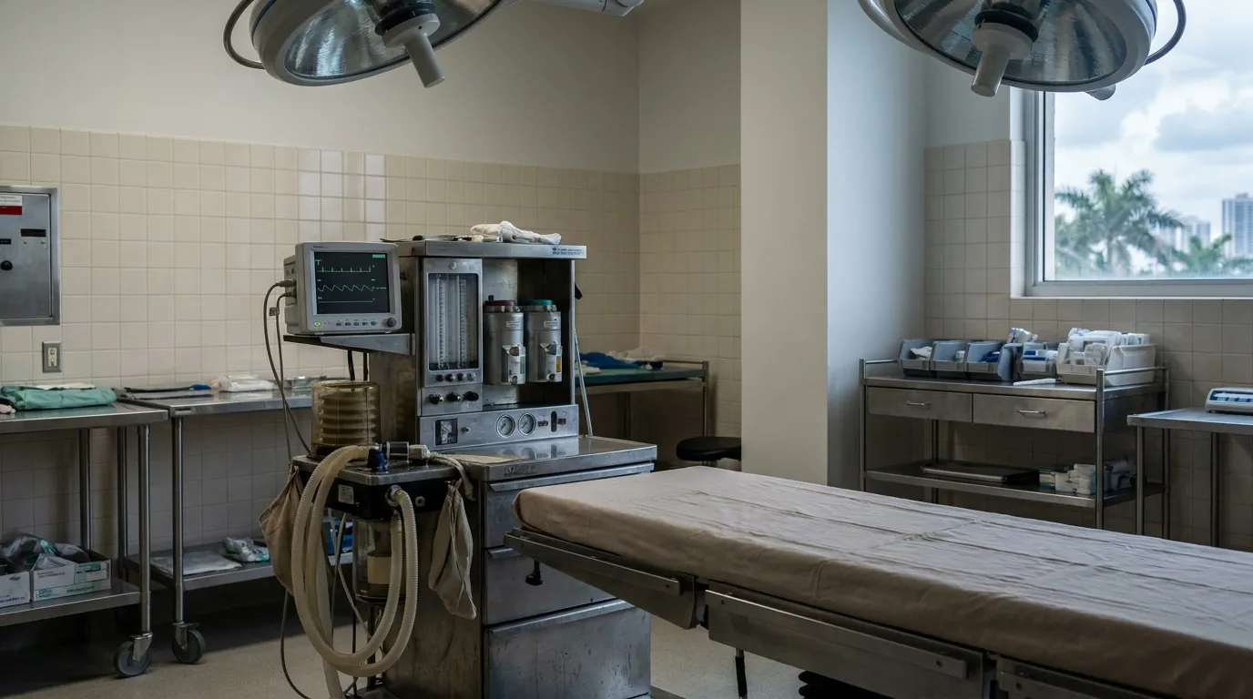 empty operating room with surgical table, overhead lights, and anesthesia monitor