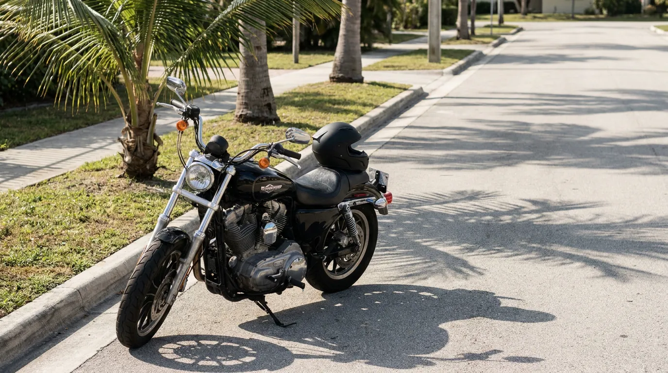 Harley-Davidson motorcycle with helmet resting on seat parked near curb