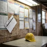 hard hat resting on table beside OSHA compliance postings on construction site wall