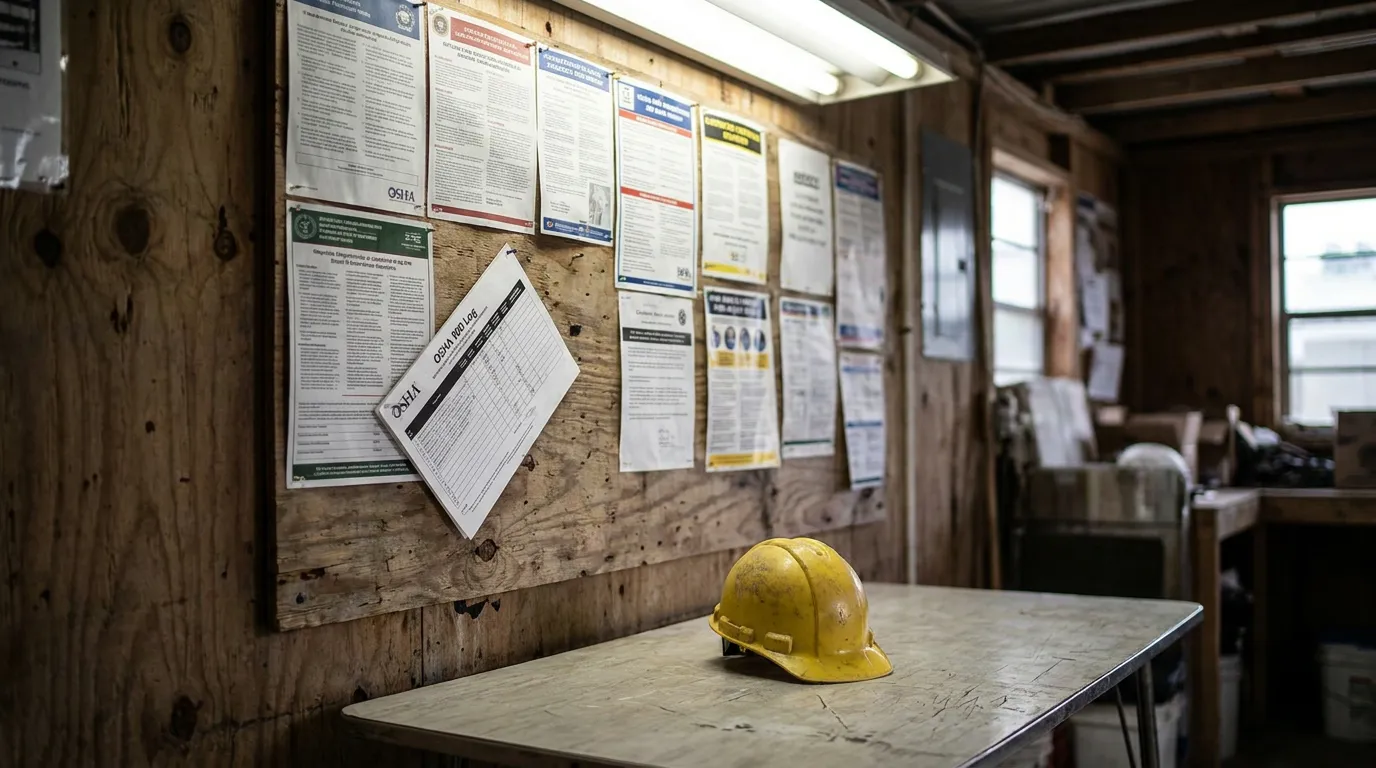hard hat resting on table beside OSHA compliance postings on construction site wall