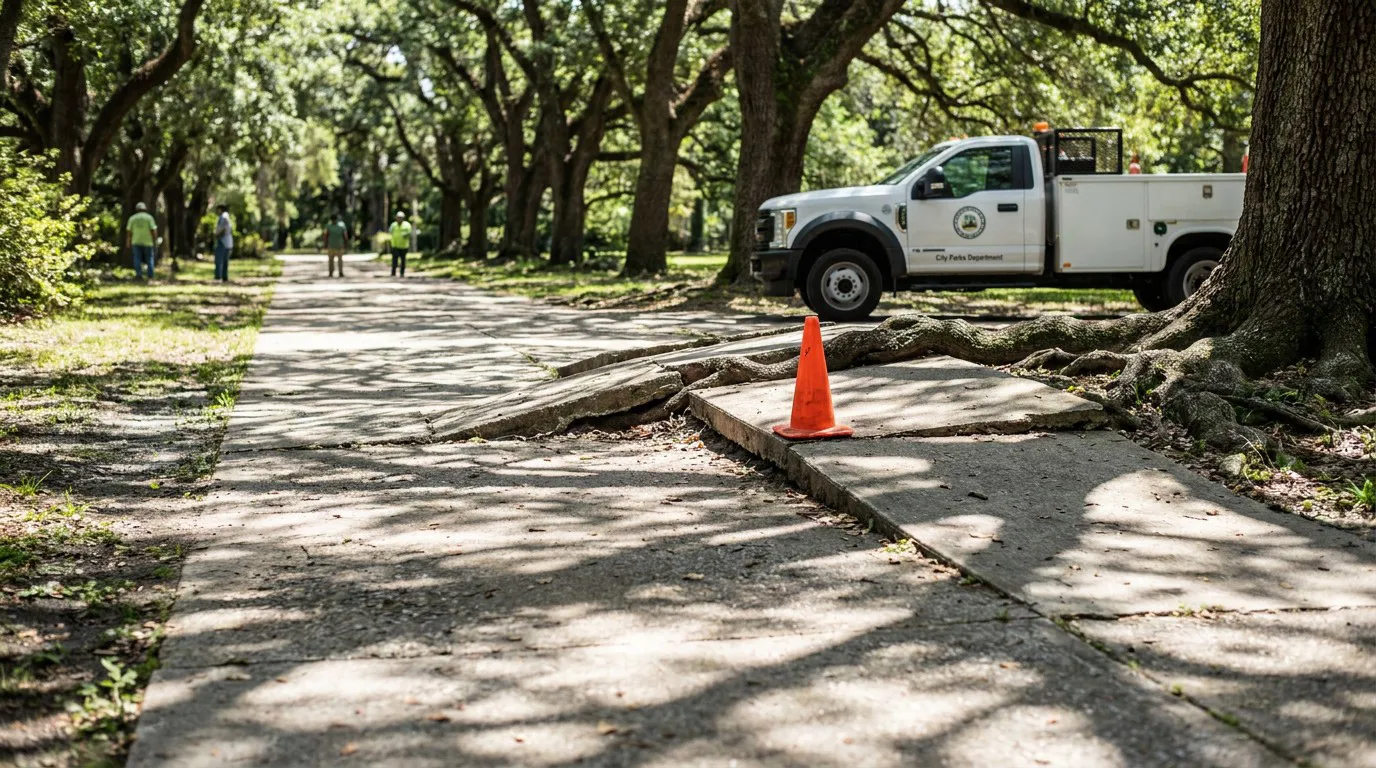 cracked sidewalk uplifted by tree roots with safety cone and City Parks Department truck