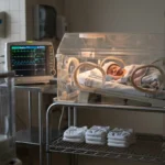 newborn infant resting inside hospital incubator beside cardiac monitoring equipment