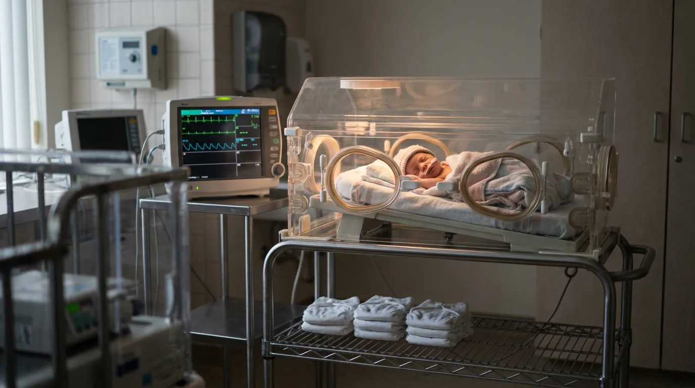 newborn infant resting inside hospital incubator beside cardiac monitoring equipment