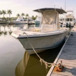 motorboat tied with rope to wooden dock at marina with palm trees