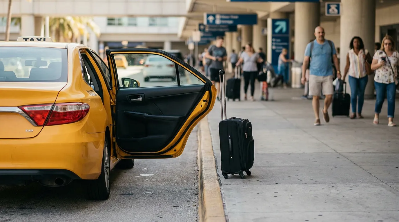 taxi with open door and suitcase on curb at busy airport terminal