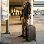 business traveler standing at international airport curb with rolling luggage