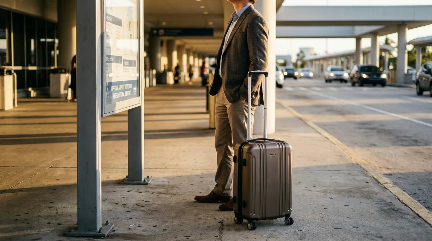 business traveler standing at international airport curb with rolling luggage