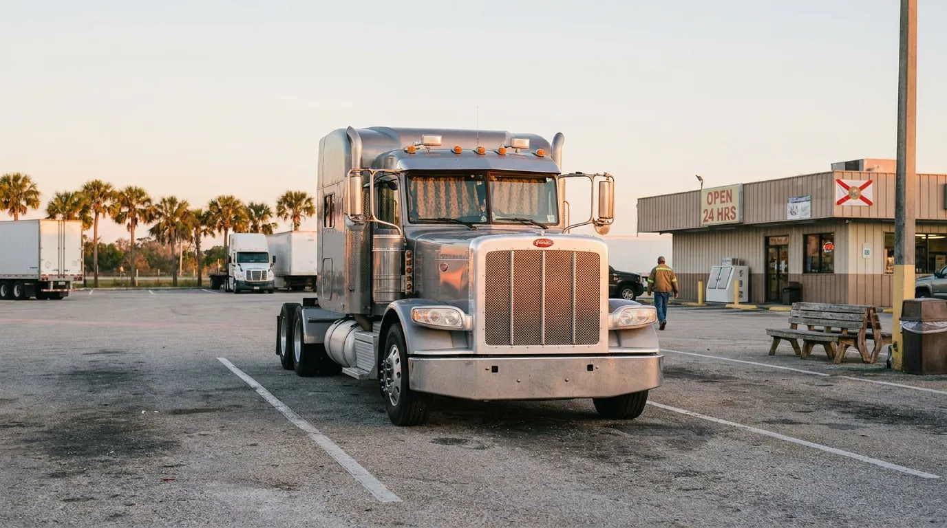 Peterbilt semi-truck cab parked at truck stop with Open 24 Hours sign