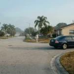 pedestrian standing near residential intersection with stop sign and sedan